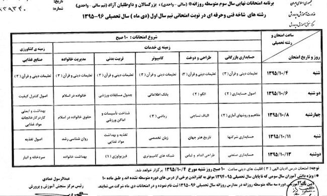 برنامه امتحانات نهایی دی ماه 95 برنامه امتحانات نهایی دی ماه 95 | سال سوم و پیش دانشگاهی | تجربی ریاضی