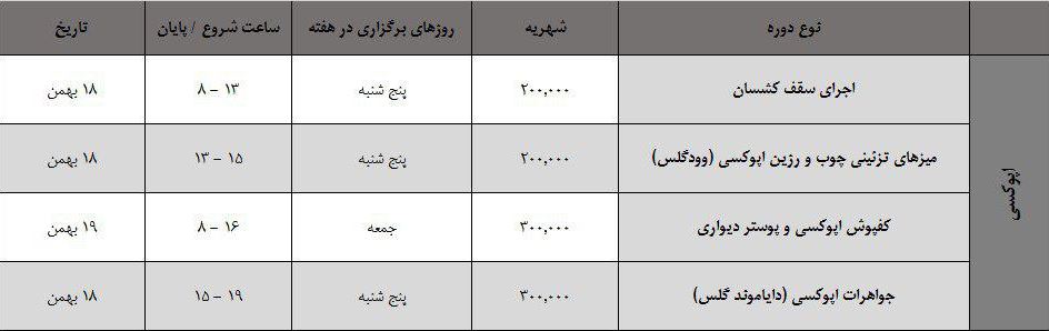 برنامه کلاس های دوره اپوکسی ایوان خانه معمار
برنامه کلاس های دوره اپوکسی ایوان خانه معمار