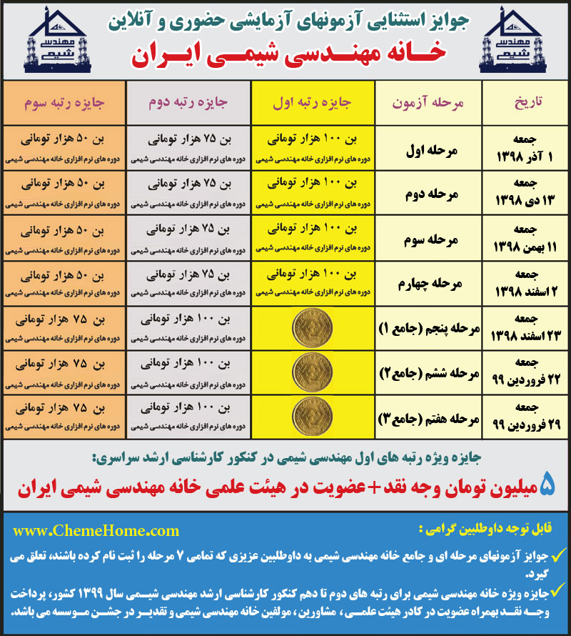 آزمون آزمایشی آنلاین و حضوری جوایز آزمون های مهندسی شیمی خانه مهندسی شیمی ایران